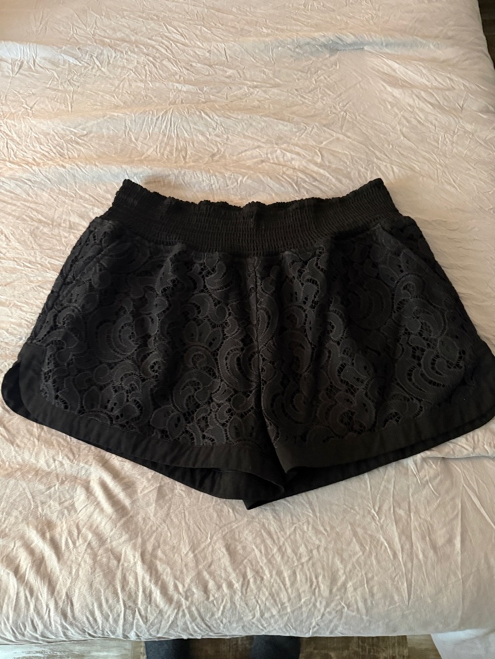CAbi Black Lace Overlay Athletic Shorts